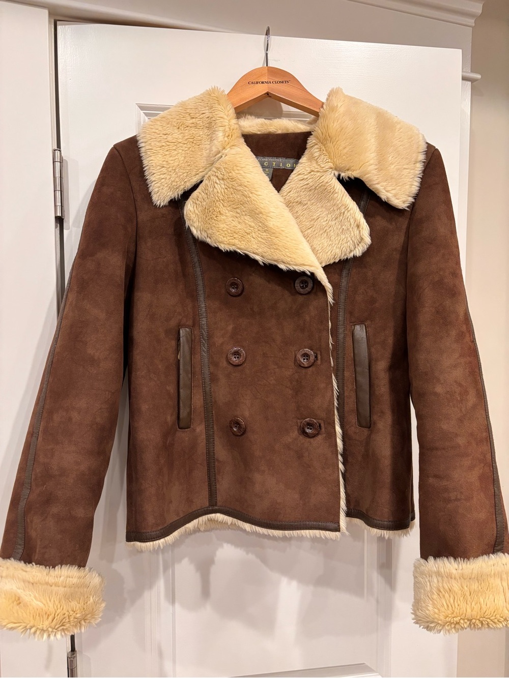Shearling-Trim Double-Breasted Faux Suede Jacket